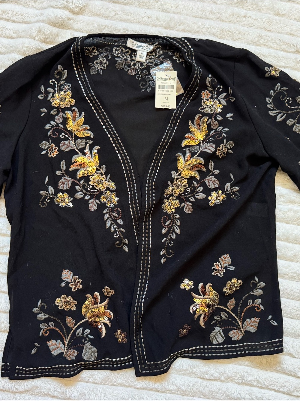 Coldwater Creek Black Embroidered Sequin Floral Top